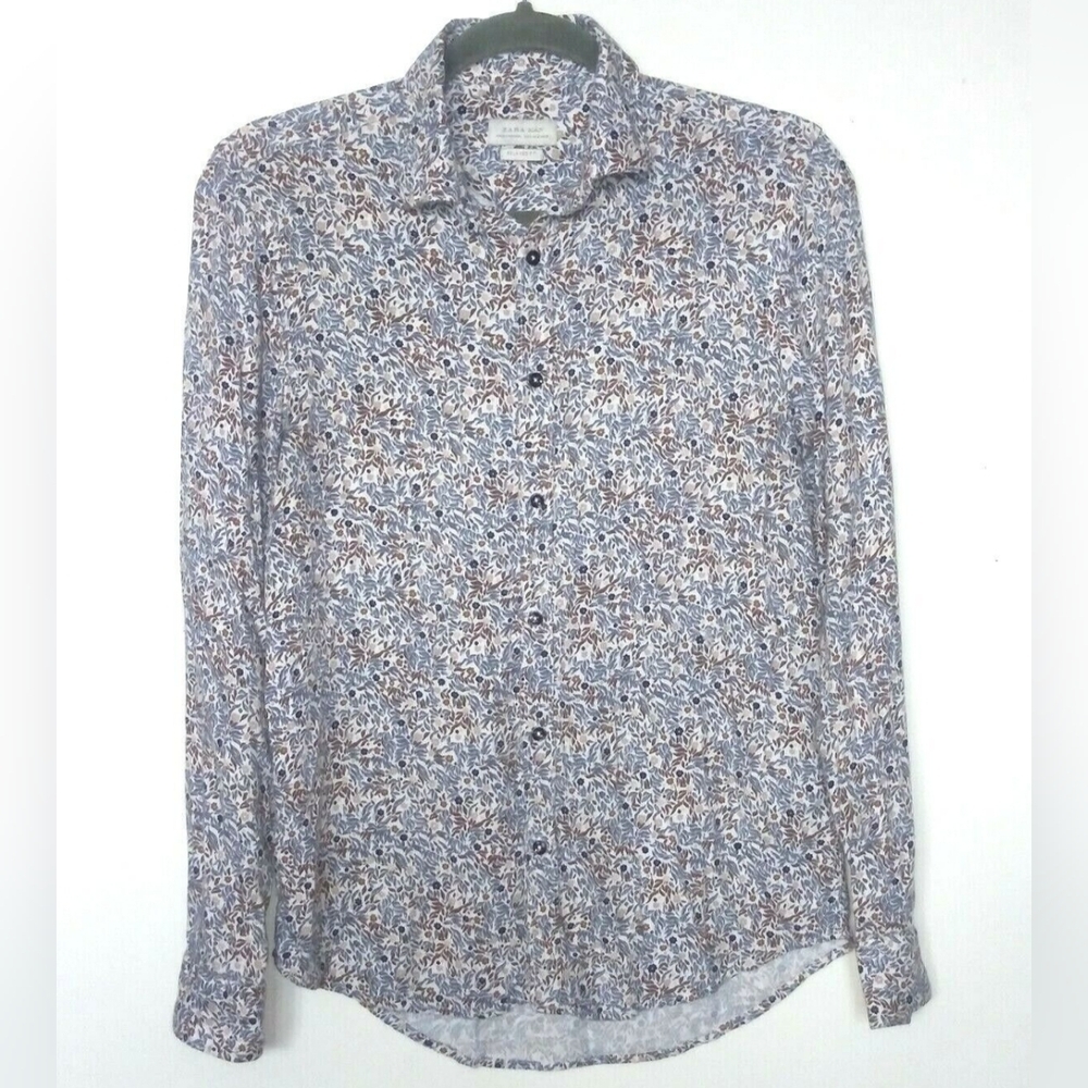 Zara Button Down Floral Business Casual Shirt, Blue / Brown